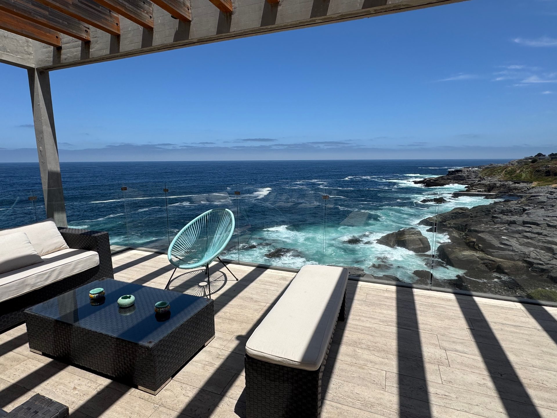 Coastal terrace and Pacific view from a Dana & Derek travel stop